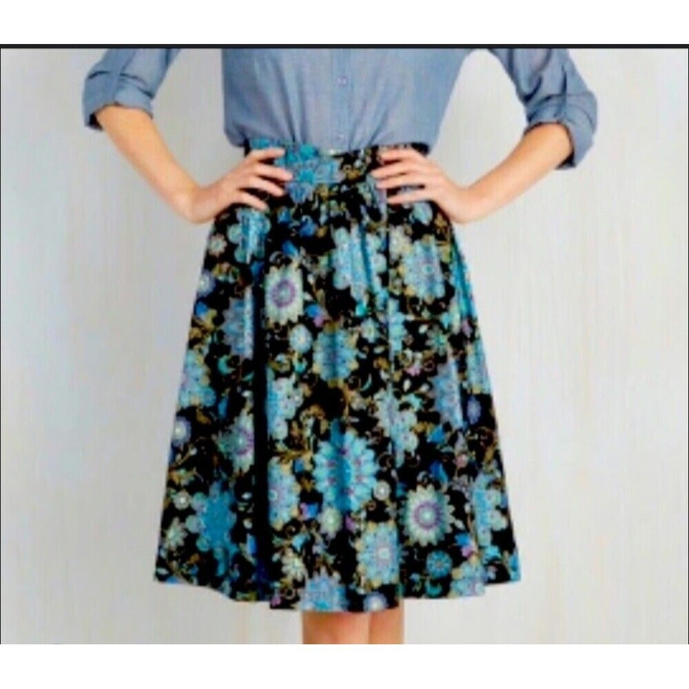 ModCloth Womens S A-line Skirt Dark Floral Blue Pockets Retro Rockabilly Lined - Picture 1 of 8